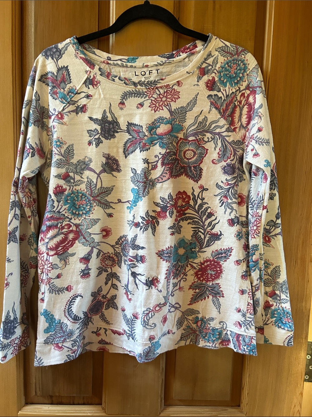 LOFT Cream Floral Long Sleeve Shirt Pink & Teal Accents